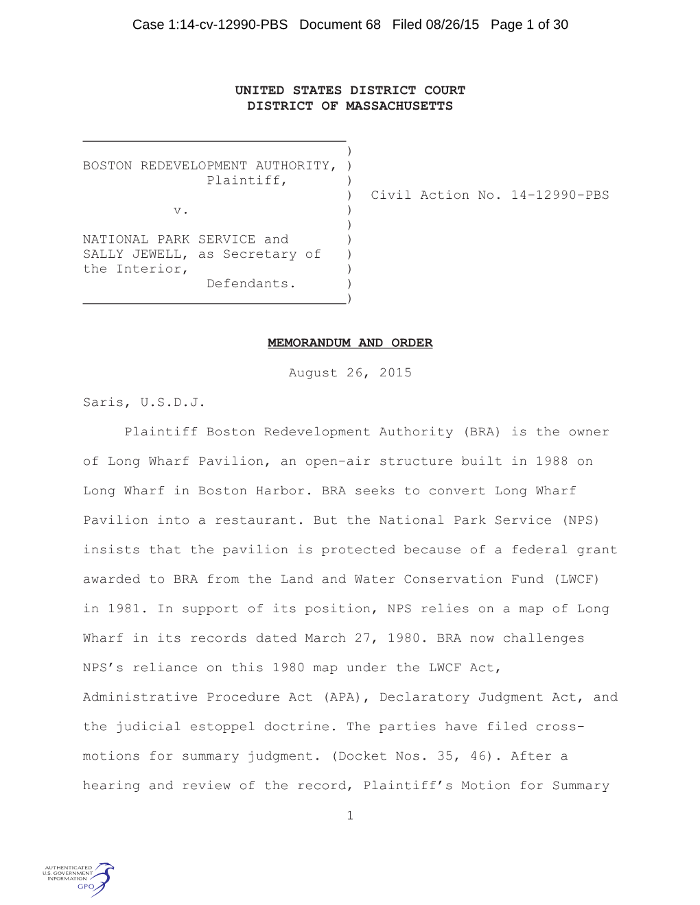 Case 1:14-Cv-12990-PBS Document 68 Filed 08/26/15 Page 1 of 30