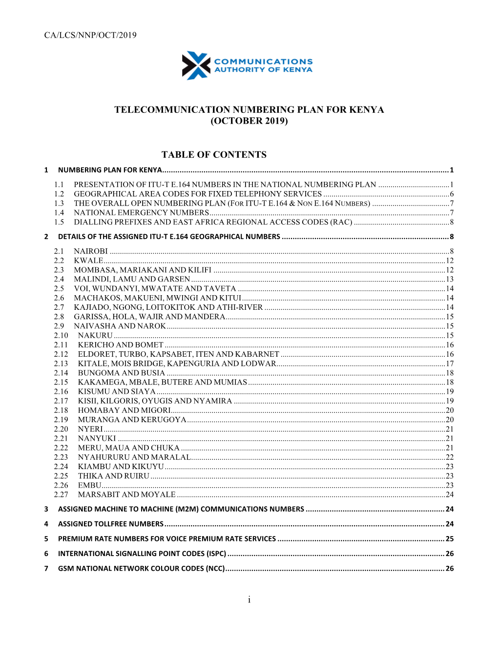 I TELECOMMUNICATION NUMBERING PLAN for KENYA