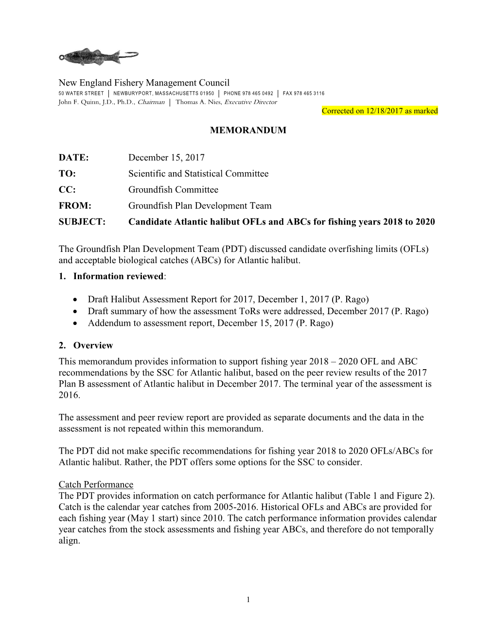 New England Fishery Management Council 50 WATER STREET | NEWBURYPORT, MASSACHUSETTS 01950 | PHONE 978 465 0492 | FAX 978 465 3116 John F