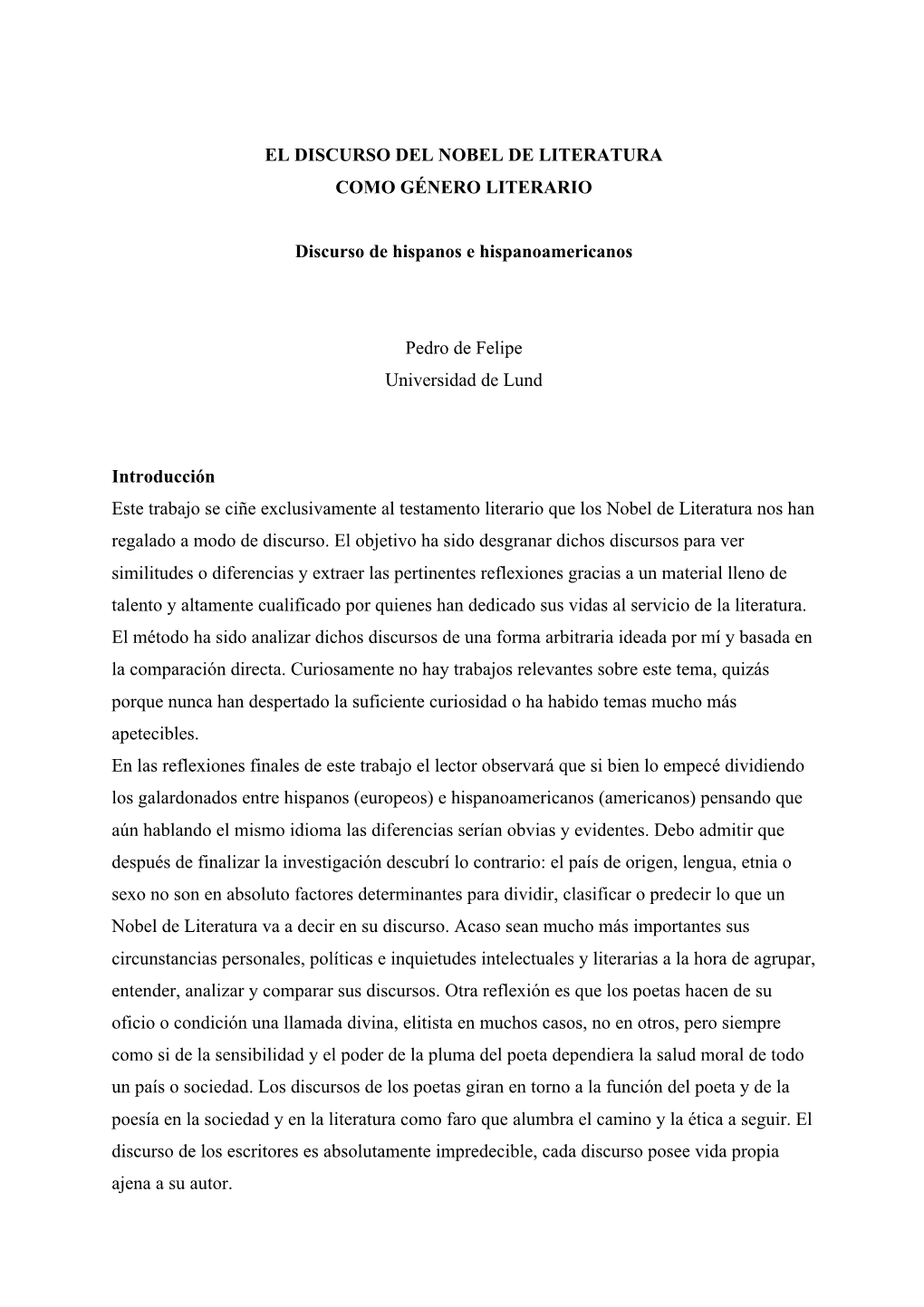 El Discurso Del Nobel De Literatura Como Género Literario