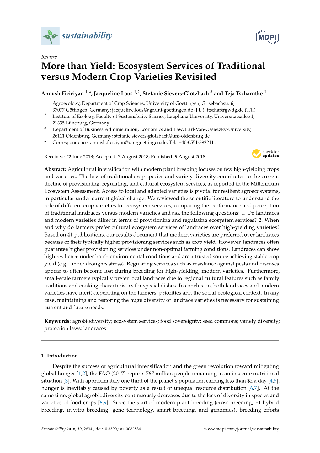 More Than Yield: Ecosystem Services of Traditional Versus Modern Crop Varieties Revisited