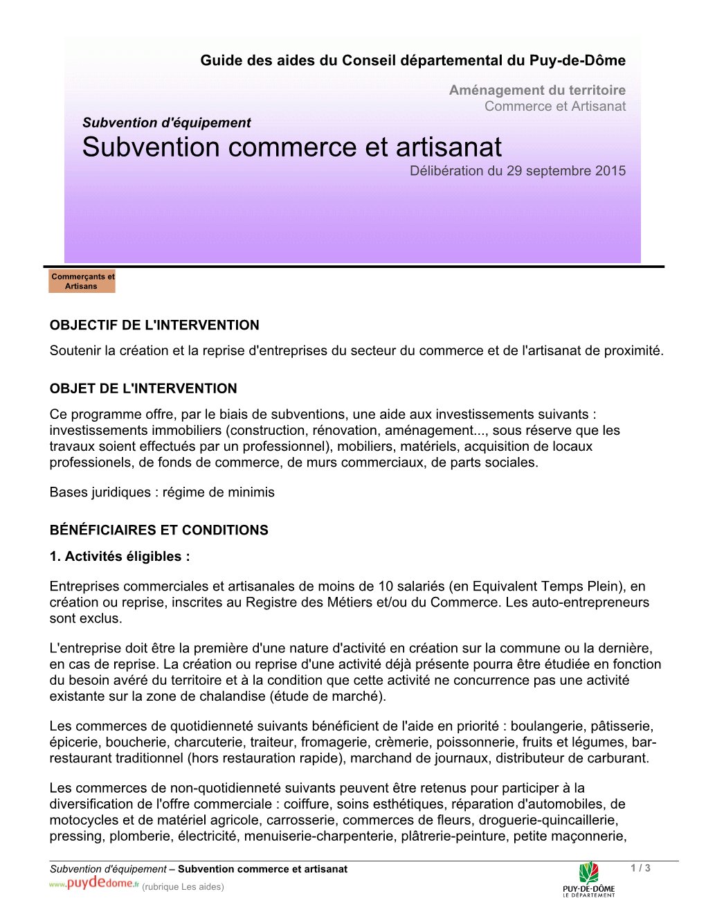 Subvention Commerce Et Artisanat Délibération Du 29 Septembre 2015