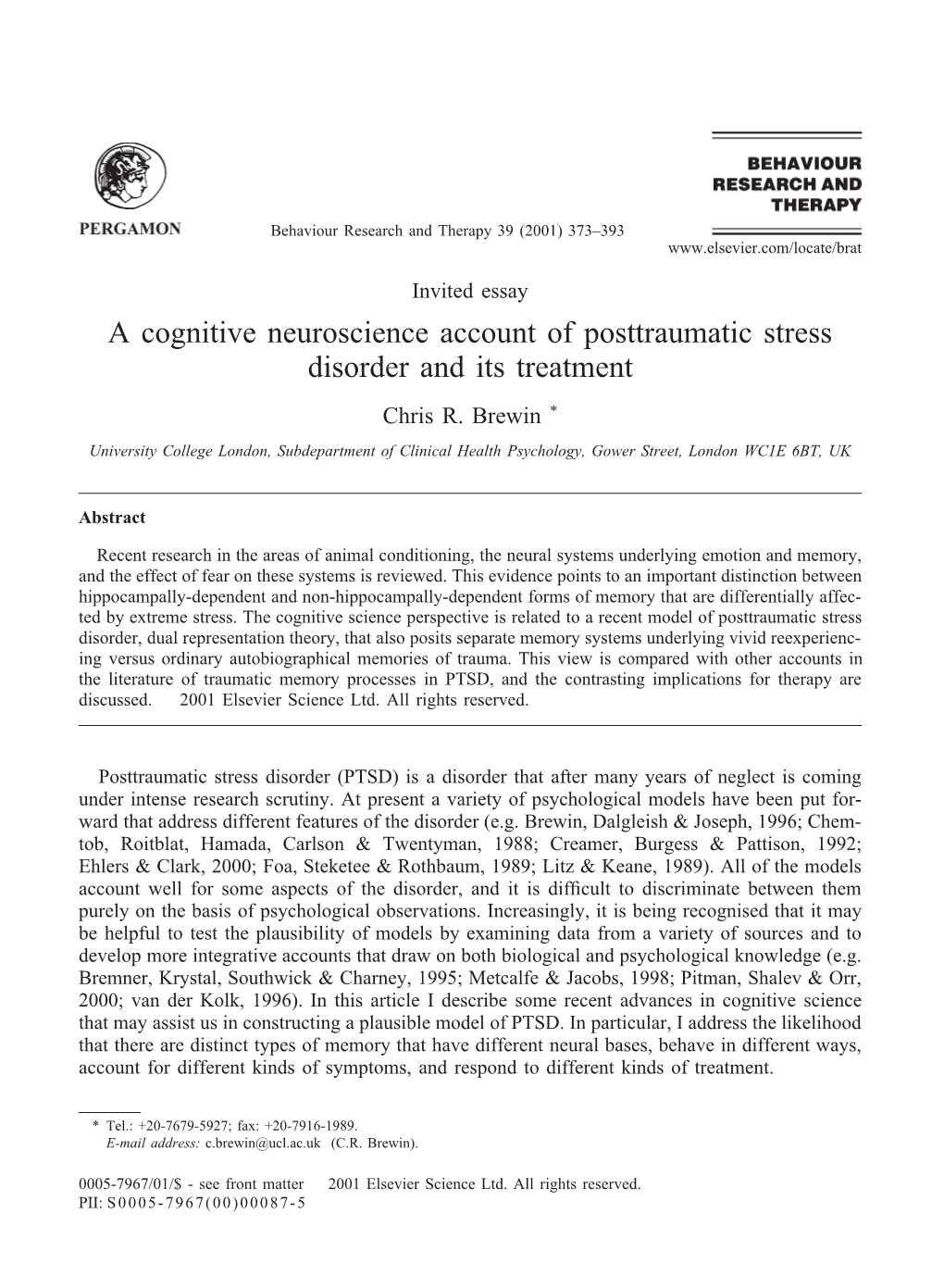 A Cognitive Neuroscience Account of Posttraumatic Stress Disorder and Its Treatment Chris R