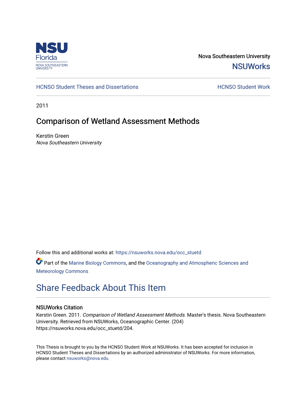 Comparison of Wetland Assessment Methods