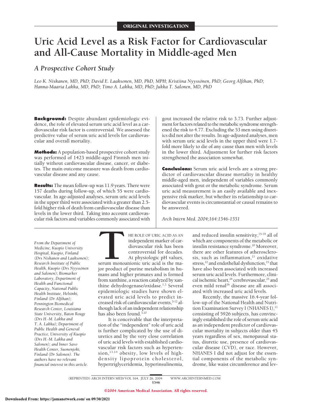 Uric Acid Level As a Risk Factor for Cardiovascular and All-Cause Mortality in Middle-Aged Men a Prospective Cohort Study