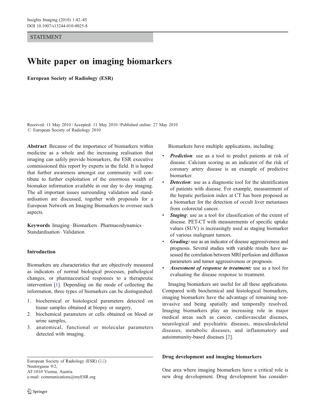 White Paper on Imaging Biomarkers