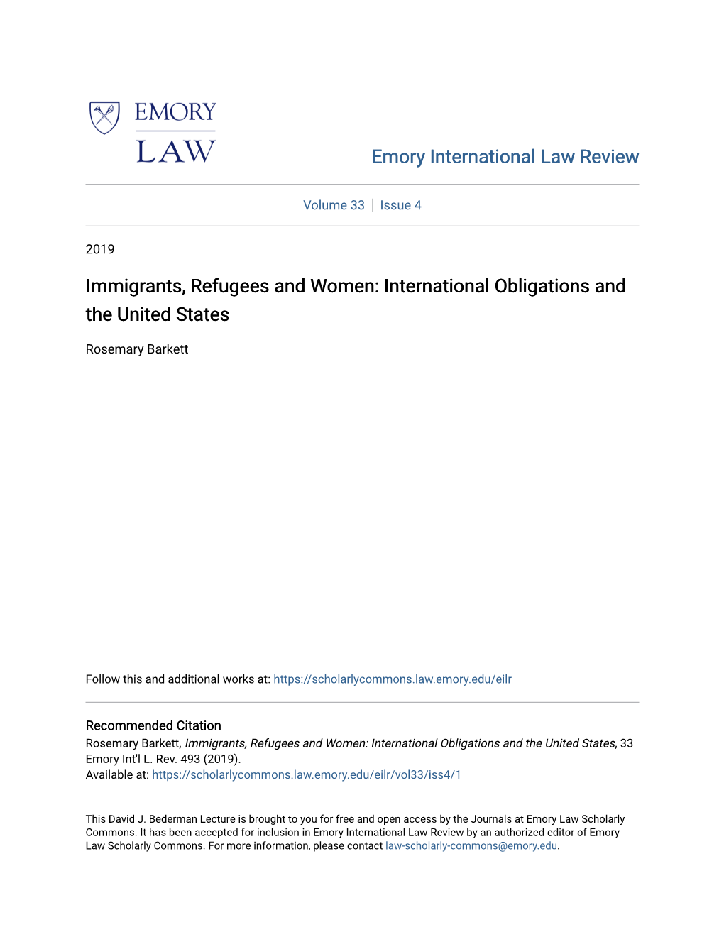 Immigrants, Refugees and Women: International Obligations and the United States