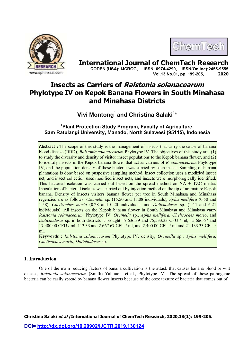 Insects As Carriers of Ralstonia Solanacearum Phylotype IV on Kepok Banana Flowers in South Minahasa and Minahasa Districts