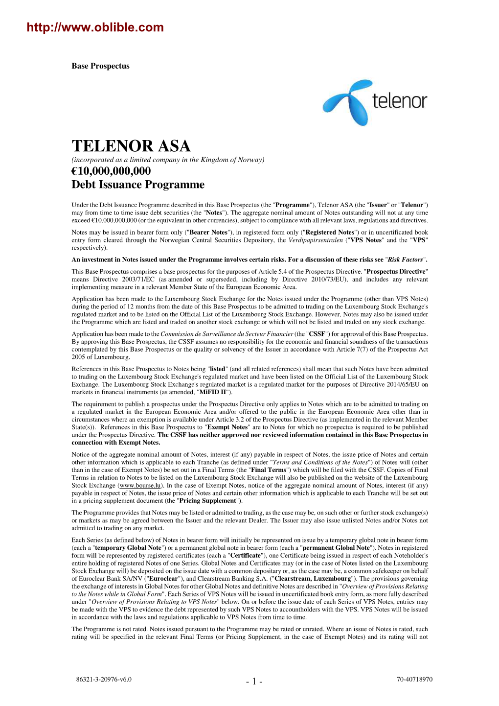 TELENOR ASA (Incorporated As a Limited Company in the Kingdom of Norway) €10,000,000,000 Debt Issuance Programme