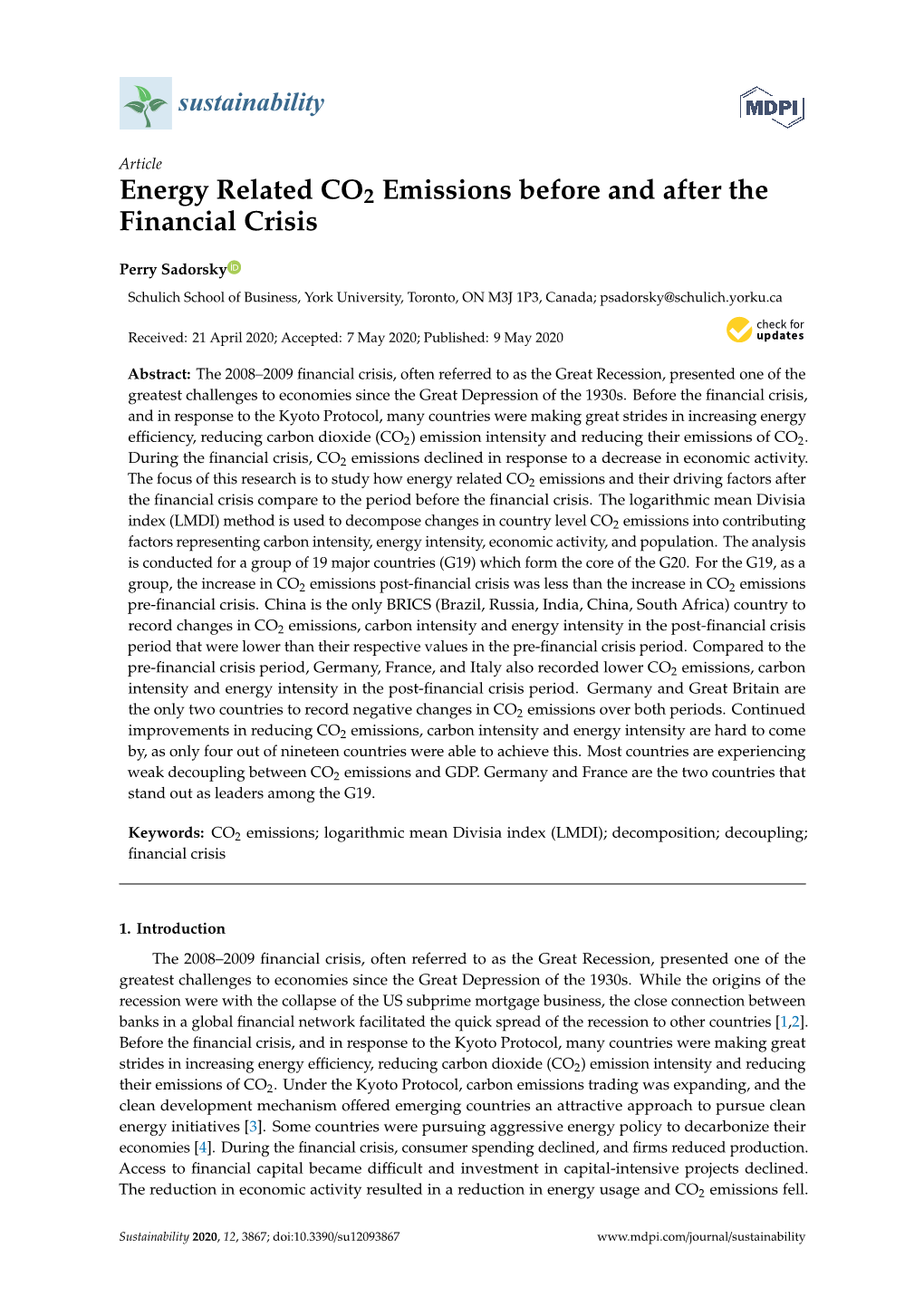 Energy Related CO2 Emissions Before and After the Financial Crisis