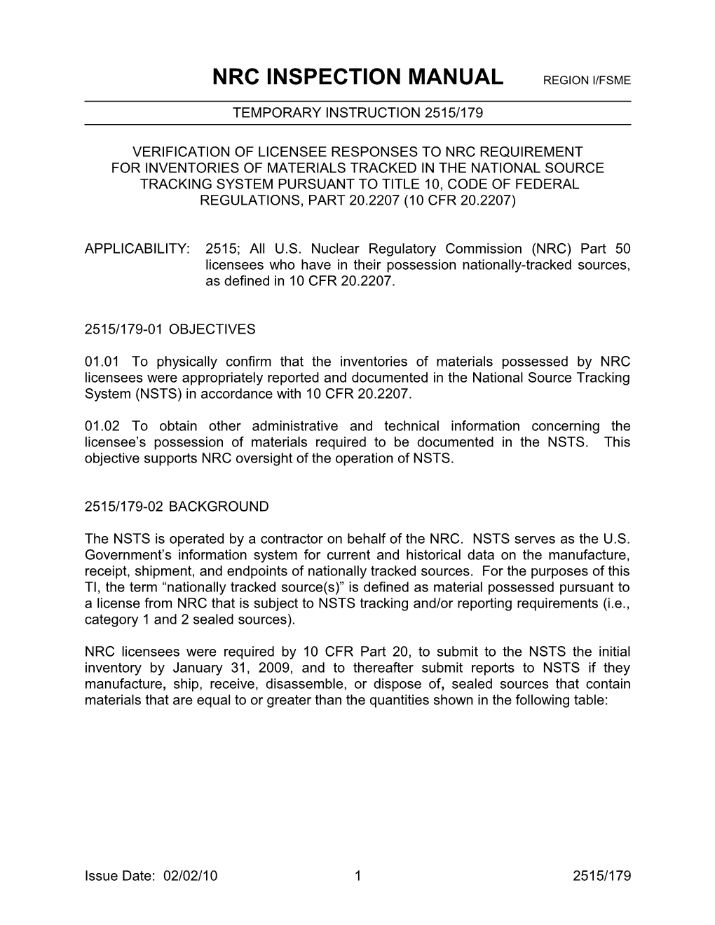 Nrc Inspection Manual Region I/Fsme