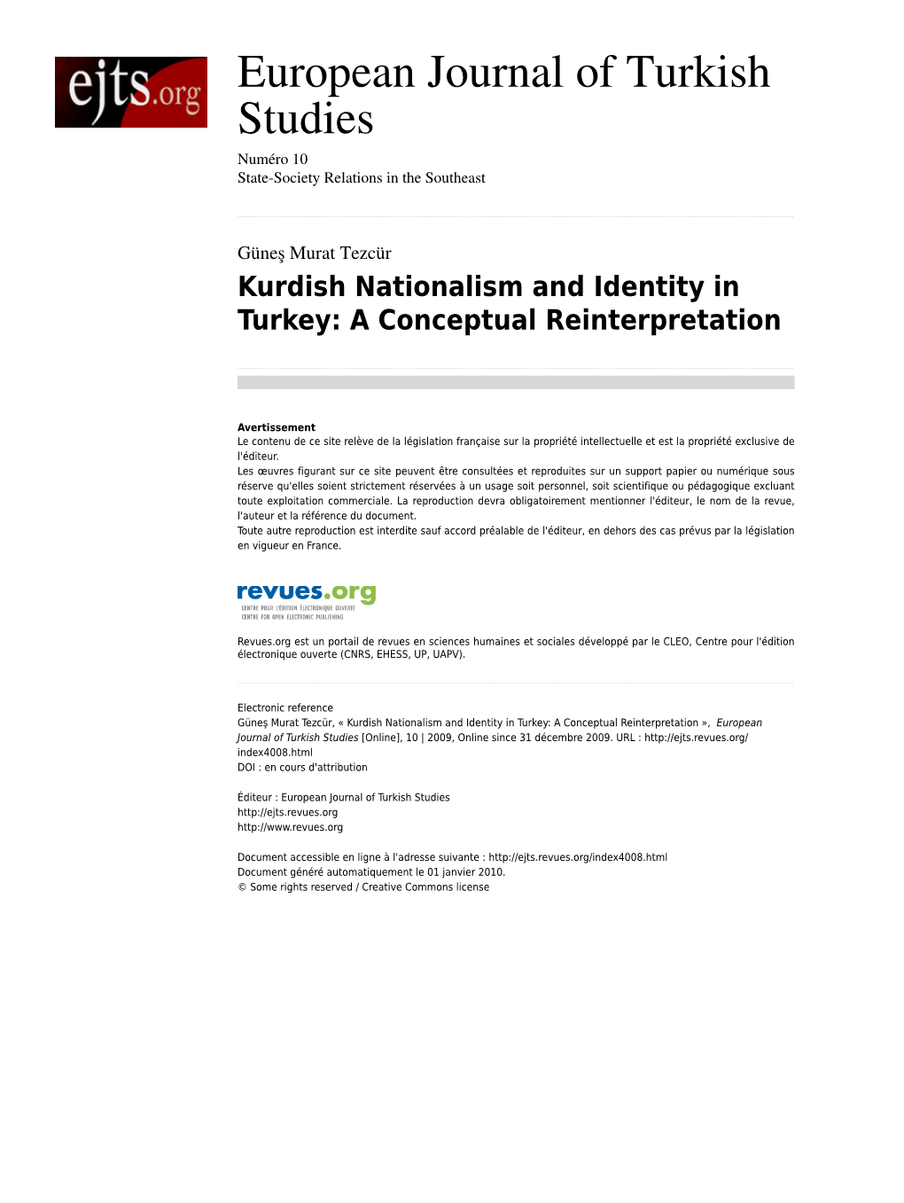 Kurdish Nationalism and Identity in Turkey: a Conceptual Reinterpretation
