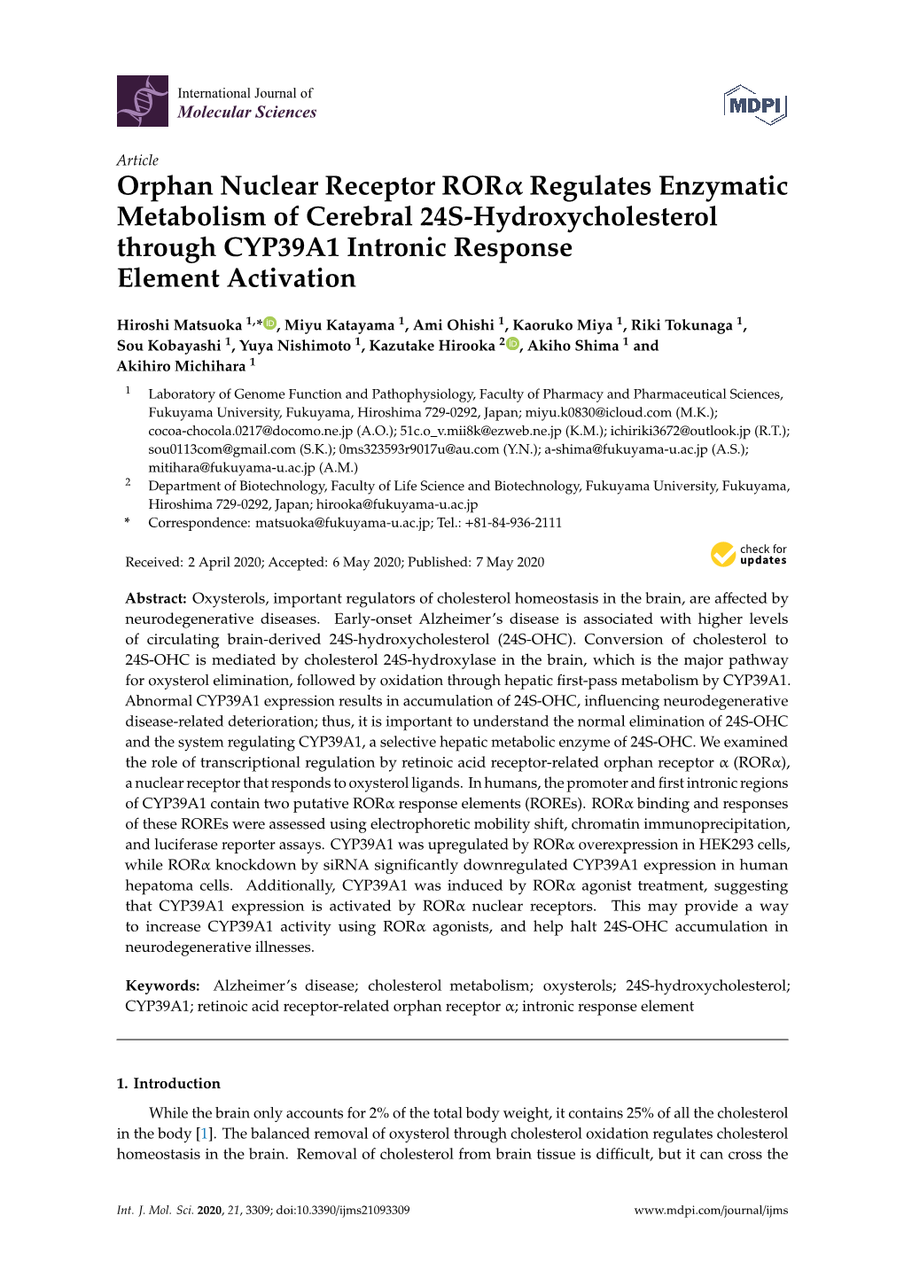 Orphan Nuclear Receptor Rorα Regulates Enzymatic Metabolism of Cerebral 24S-Hydroxycholesterol Through CYP39A1 Intronic Response Element Activation