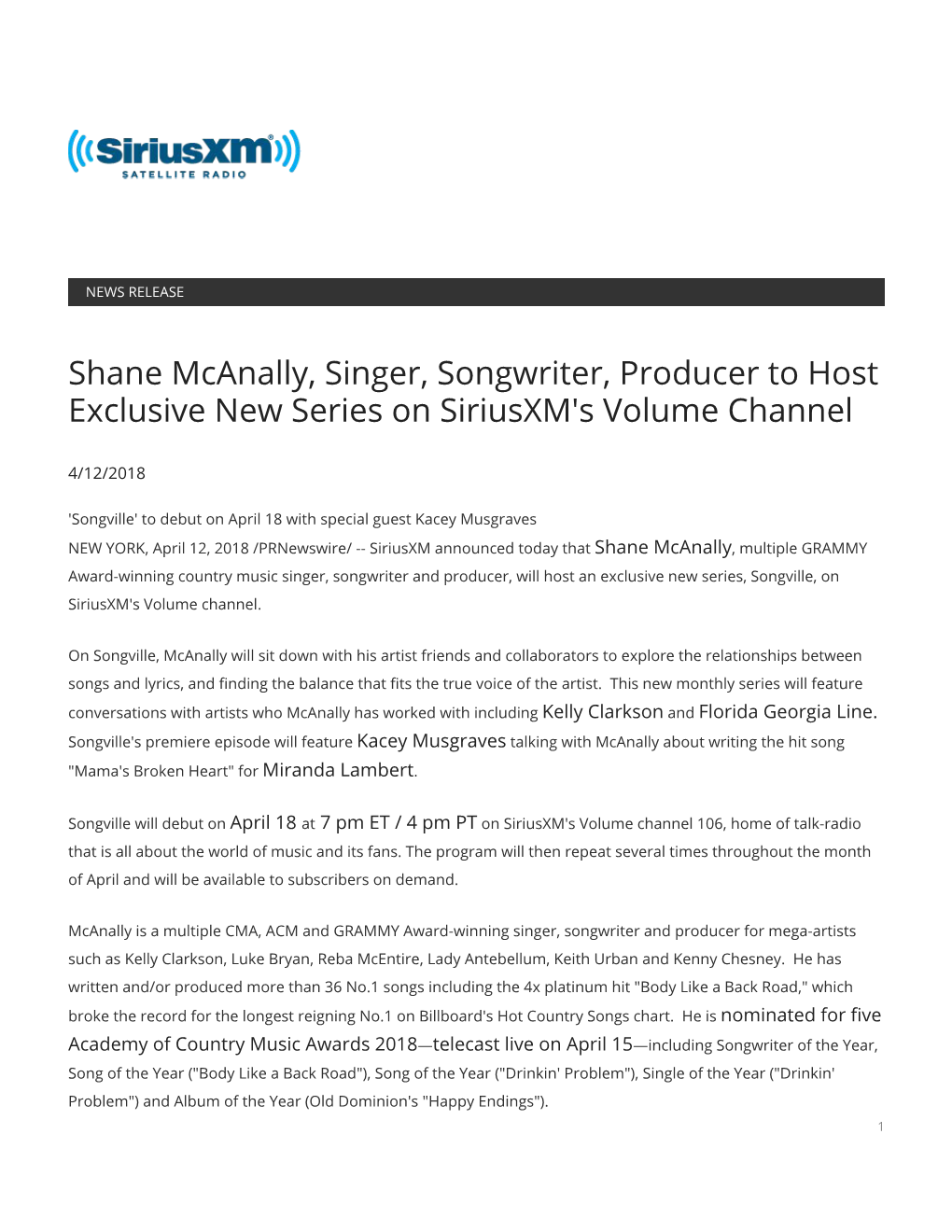 Shane Mcanally, Singer, Songwriter, Producer to Host Exclusive New Series on Siriusxm's Volume Channel