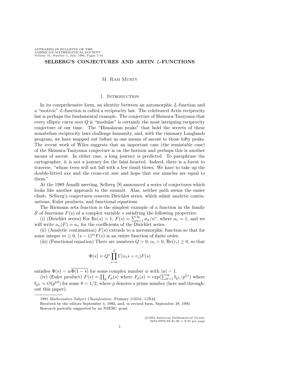 Selberg Conjectures and Artin L-Functions