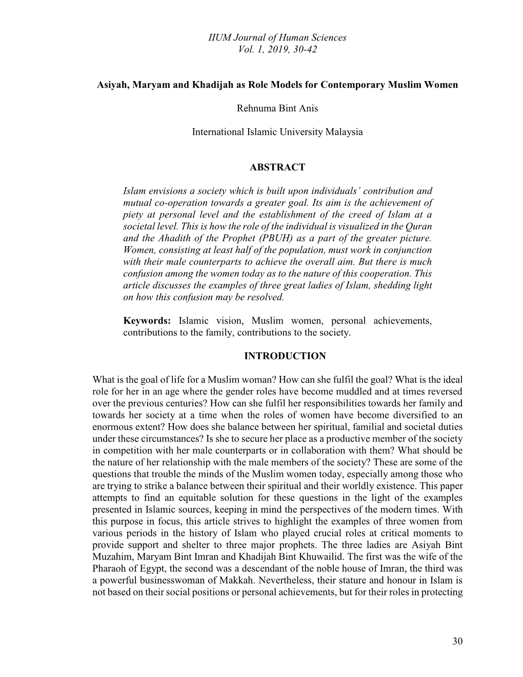 IIUM Journal of Human Sciences Vol. 1, 2019, 30-42 30 Asiyah, Maryam