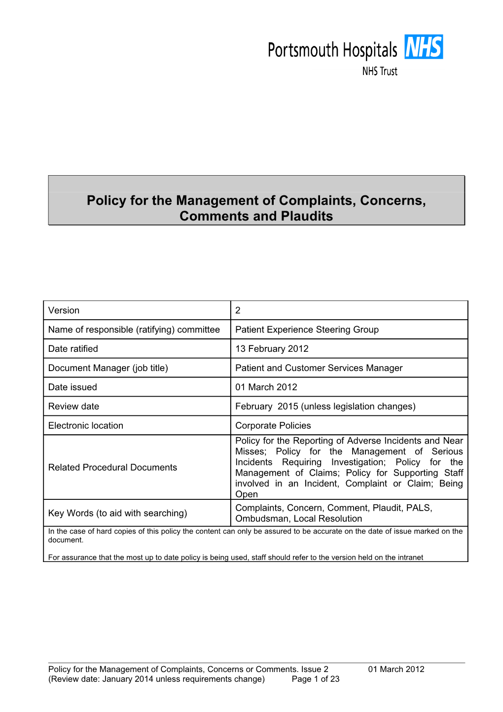 Adverse Incidents and Near Misses Management Policy