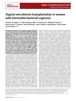 Vaginal Microbiome Transplantation in Women with Intractable Bacterial Vaginosis