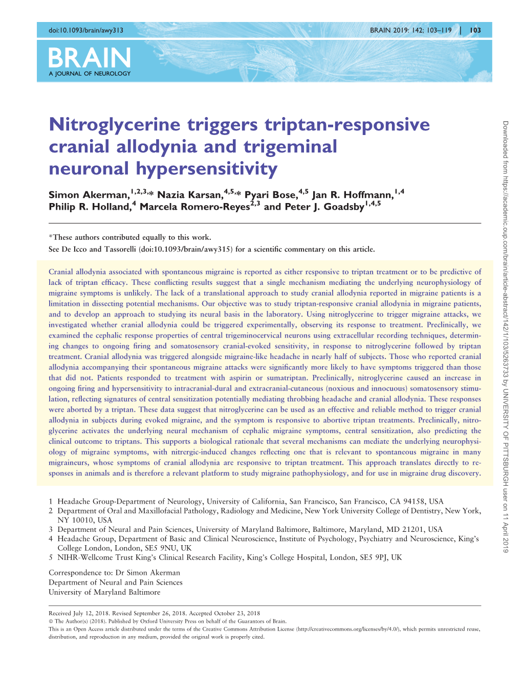 Nitroglycerine Triggers Triptan-Responsive Cranial Allodynia