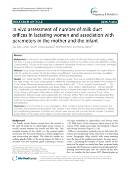 In Vivo Assessment of Number of Milk Duct Orifices in Lactating Women and Association with Parameters in the Mother and the Infa