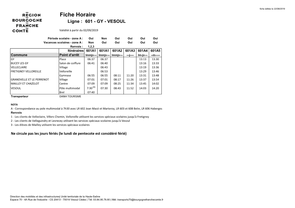 Fiche Horaire Ligne : 601 - GY - VESOUL