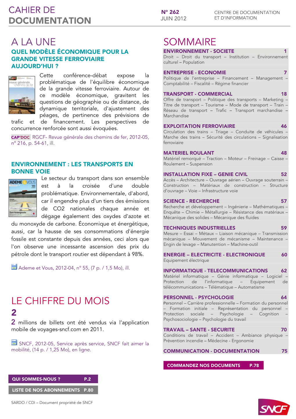 Cahier De N° 262 Centre De Documentation Documentation Juin 2012 Et D’Information