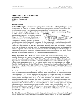 CONSERVANCY FAIRY SHRIMP Branchinecta Conservatio USFWS: Endangered CDFG: None