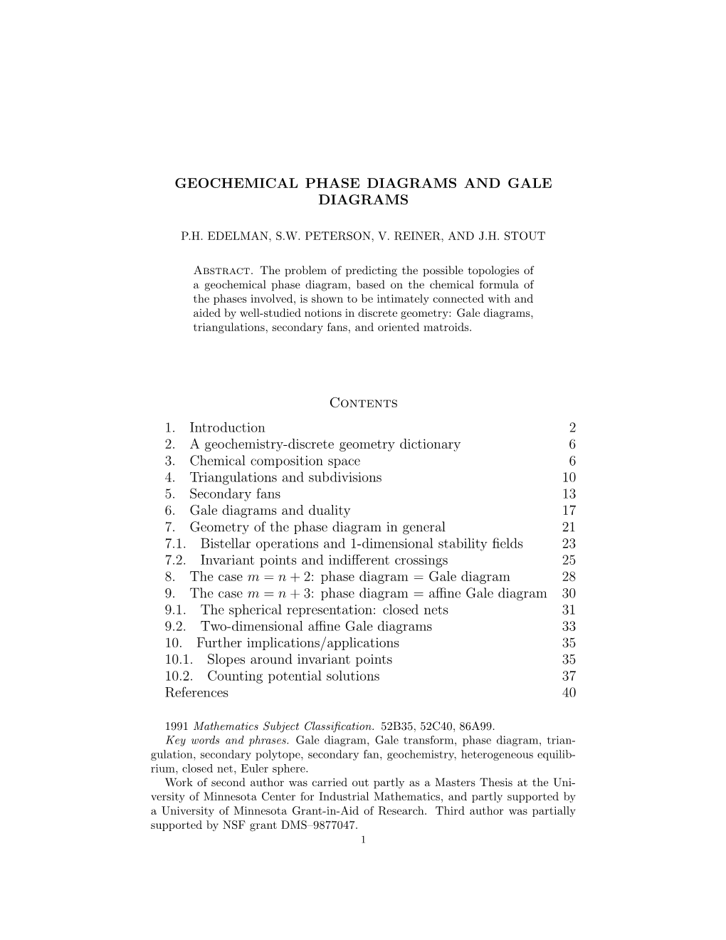 GEOCHEMICAL PHASE DIAGRAMS and GALE DIAGRAMS Contents 1