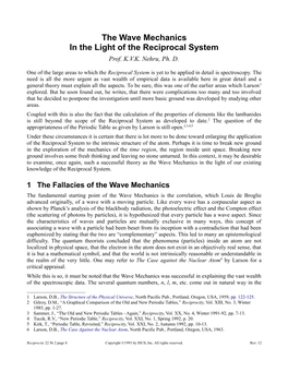 Wave Mechanics in the Light of the Reciprocal System Prof