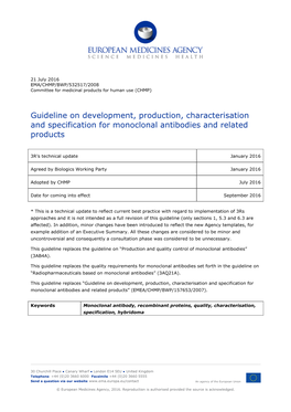 Guideline on Development, Production, Characterisation and Specification for Monoclonal Antibodies and Related Products