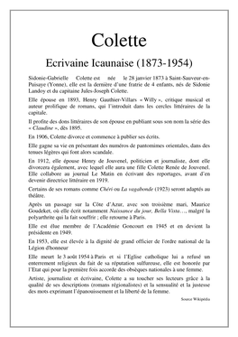 Colette Ecrivaine Icaunaise (1873-1954)