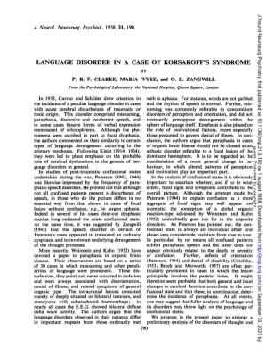 Language Disorder in a Case of Korsakoff's Syndrome by P