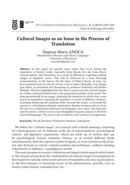 Cultural Images As an Issue in the Process of Translation Dagmar Maria ANOCA Department of Russian and Slavic Languages University of Bucharest Anocadm@Gmail.Com