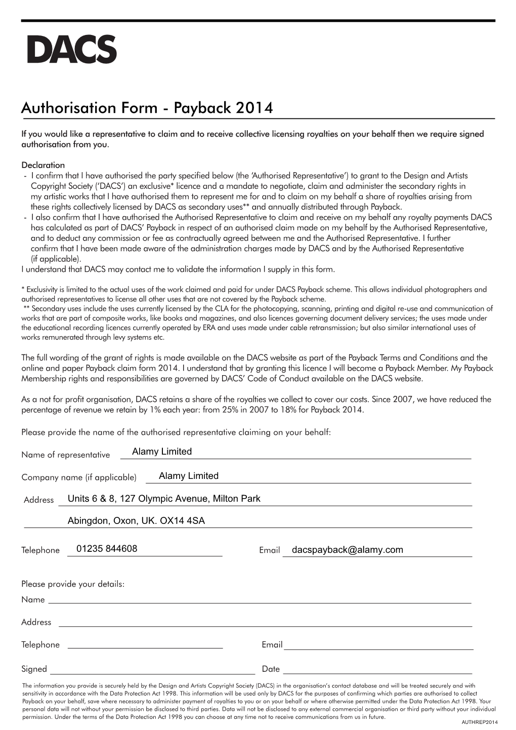 Authorisation Form - Payback 2014