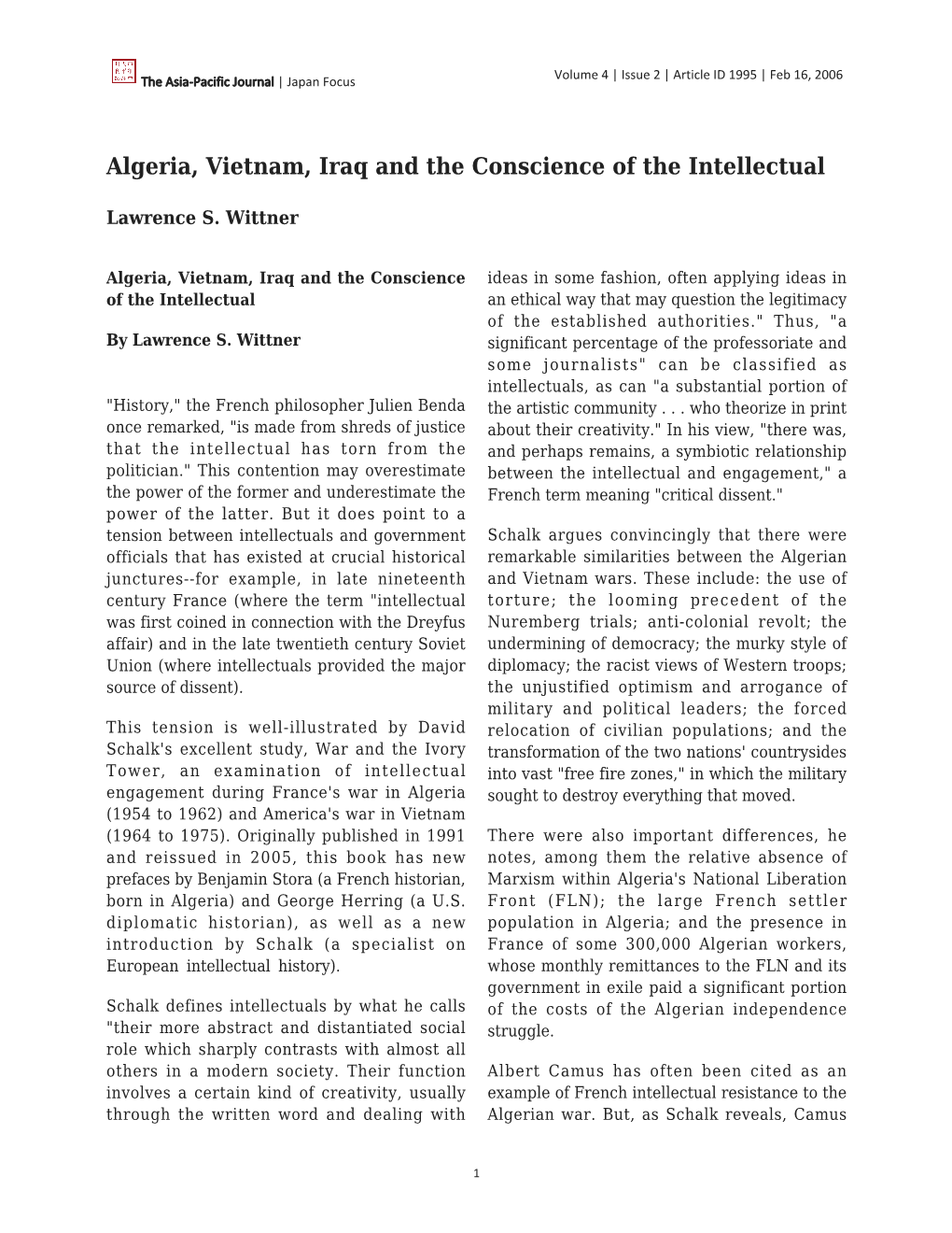 Algeria, Vietnam, Iraq and the Conscience of the Intellectual