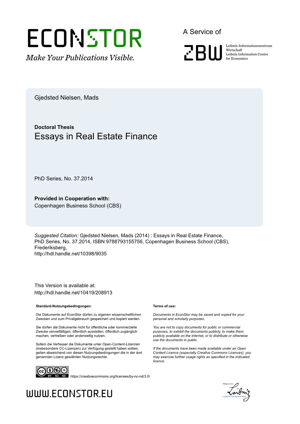 Essays in R Eal Estate Finance