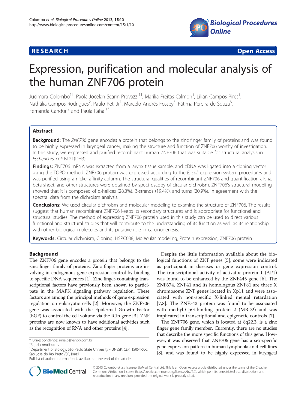 Expression, Purification and Molecular Analysis of the Human ZNF706