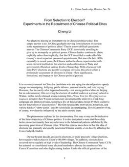 Experiments in the Recruitment of Chinese Political Elites Cheng Li