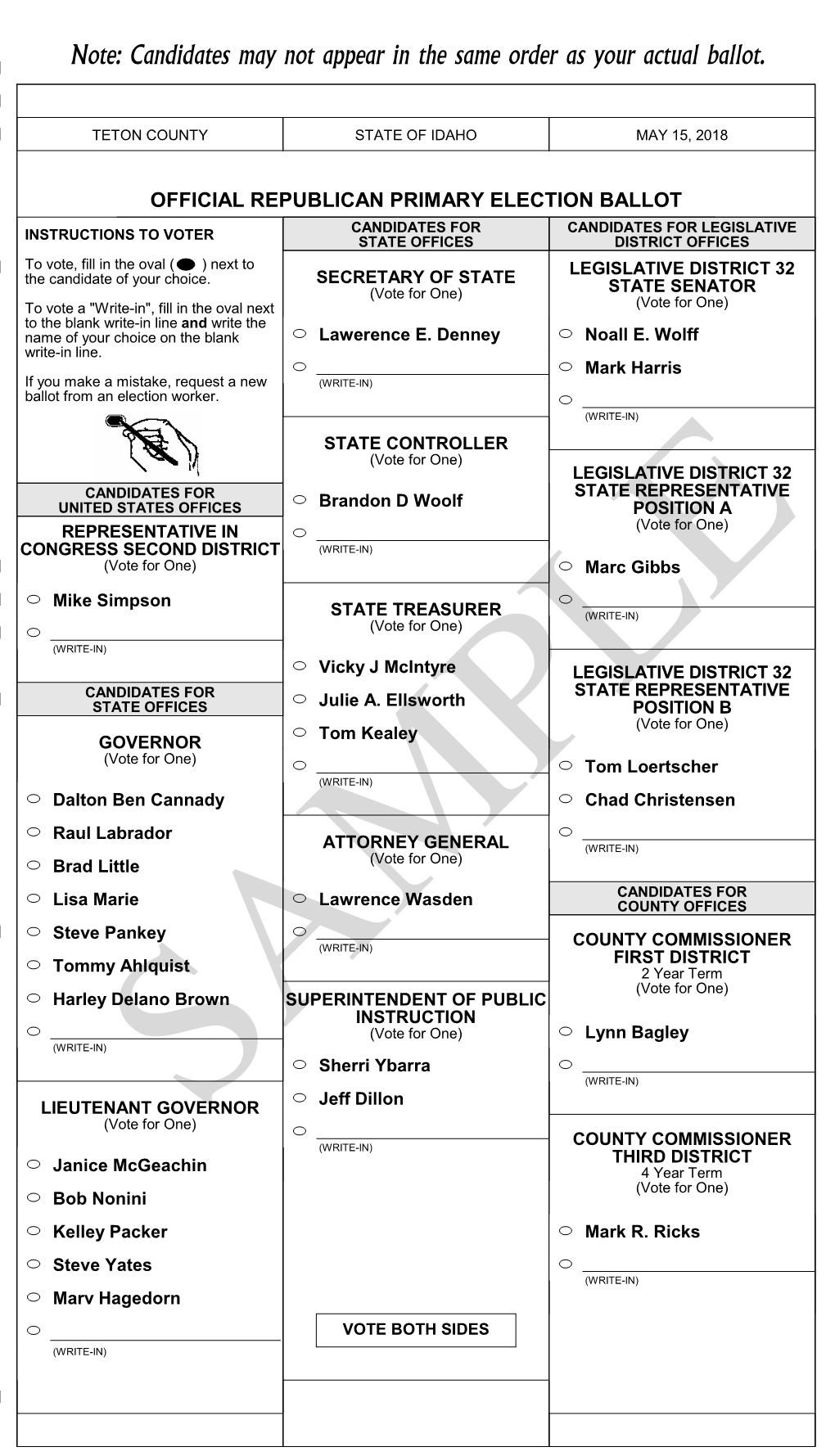 Candidates May Not Appear in the Same Order As Your Actual Ballot