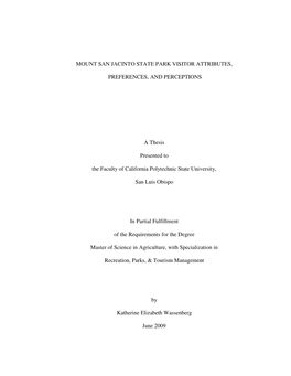 Mount San Jacinto State Park Visitor Attributes, Preferences, and Perceptions