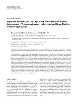 Physical Condition, Sex, and Age-Class of Eastern Red-Backed Salamanders (Plethodon Cinereus) in Forested and Open Habitats of West Virginia, USA