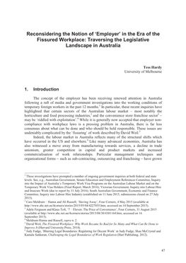 Reconsidering the Notion of Employer in the Era of the Fissured Workplace: Traversing the Legislative Landscape in Australia