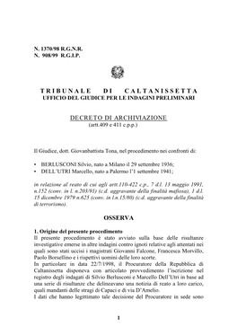 Decreto Di Archiviazione Del Gip Di Caltanissetta Per Berlusconi E Dell