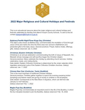2022 Major Religious and Cultural Holidays and Festivals