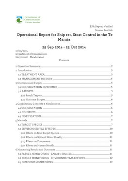 Operational Report for Ship Rat, Stoat Control in the Te Maruia 29 Sep 2014