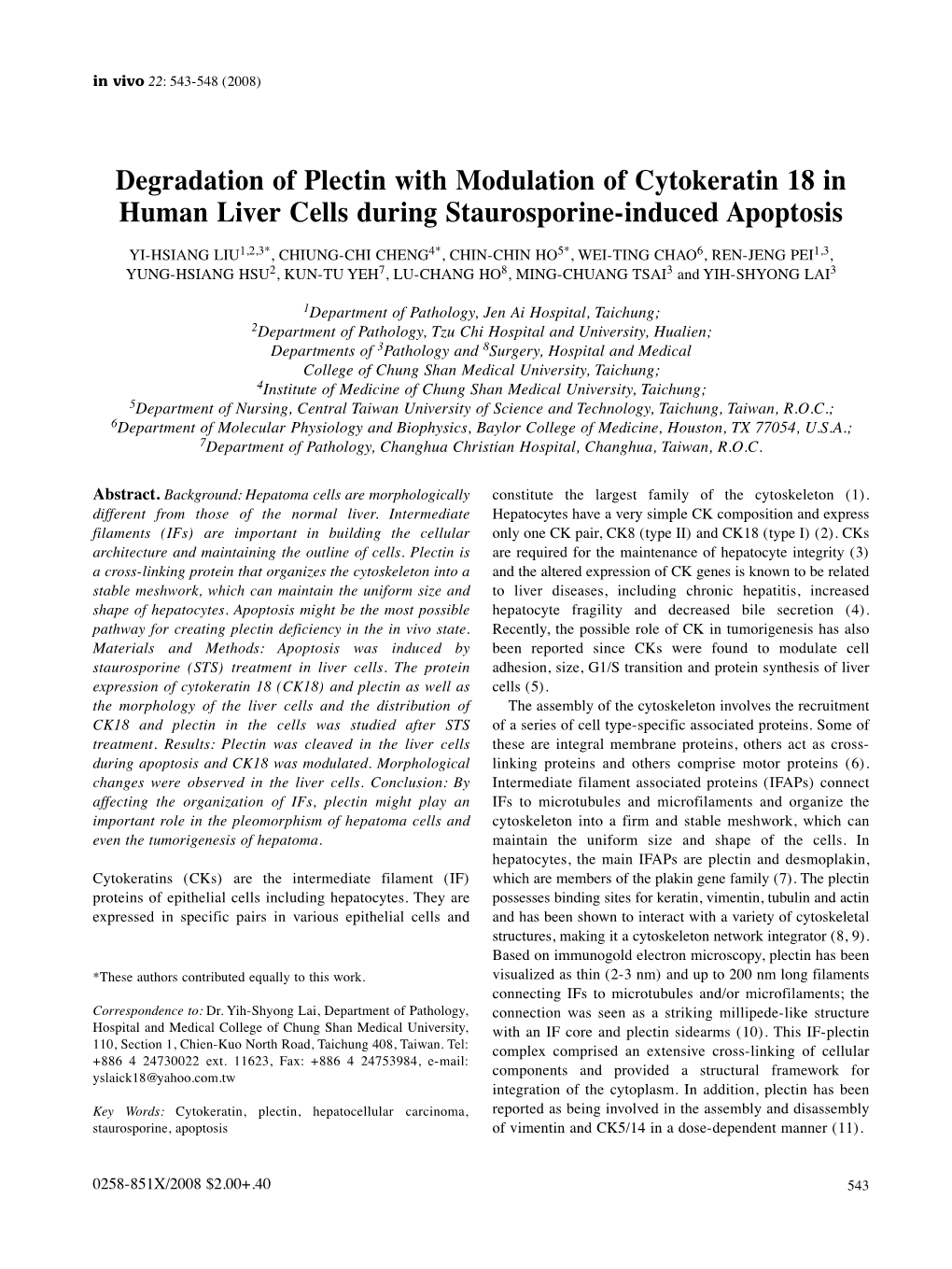 Degradation of Plectin with Modulation of Cytokeratin 18 In