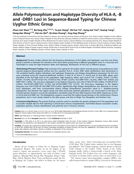 Allele Polymorphism and Haplotype Diversity of HLA-A, -B and -DRB1 Loci in Sequence-Based Typing for Chinese Uyghur Ethnic Group