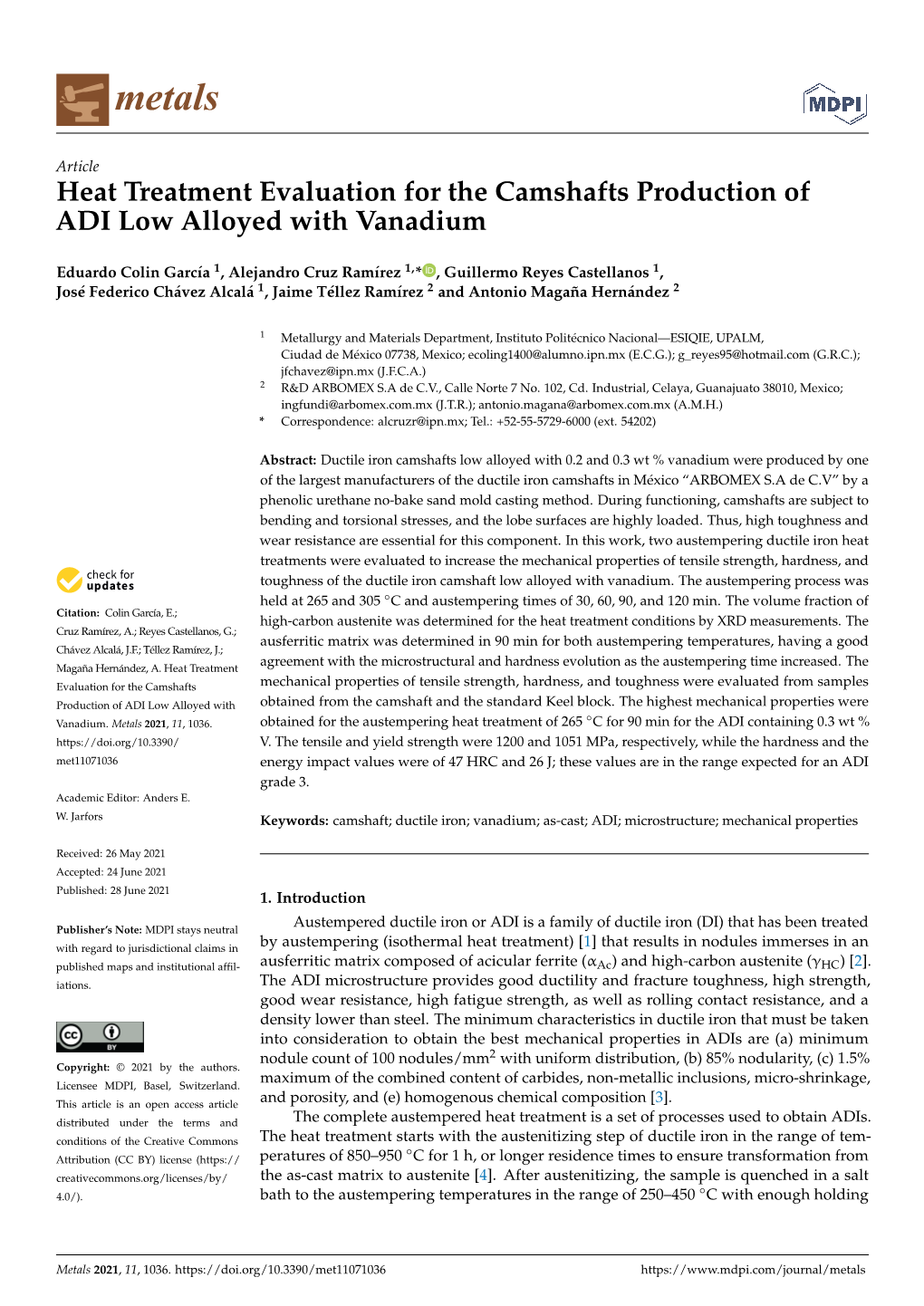 Heat Treatment Evaluation for the Camshafts Production of ADI Low Alloyed with Vanadium