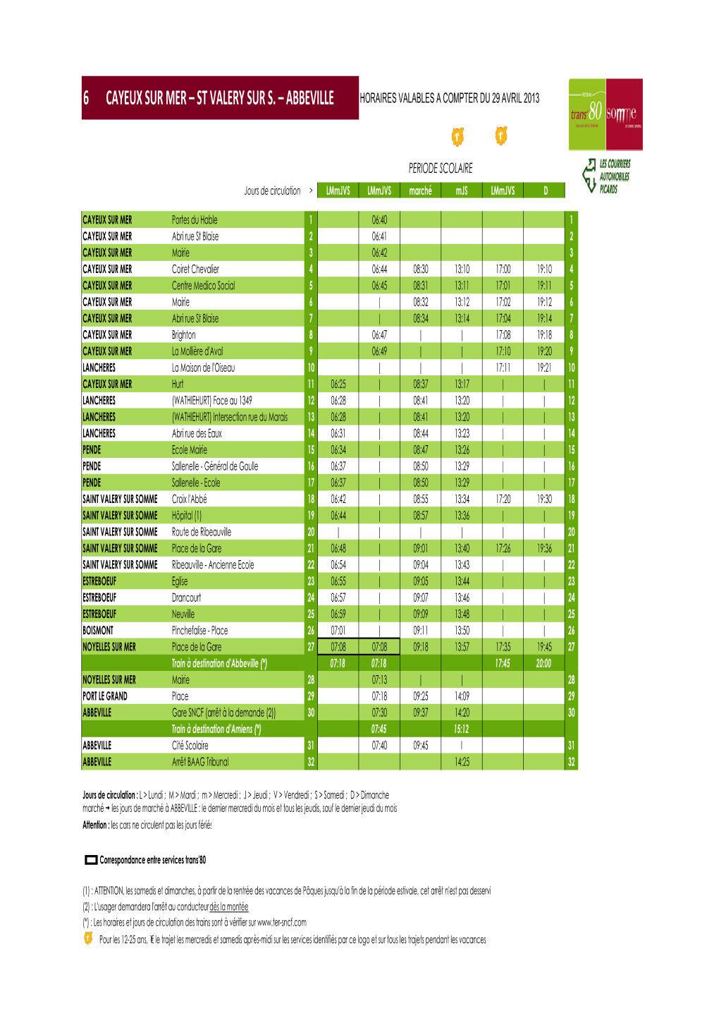 6 Cayeux Sur Mer – St Valery Sur S. – Abbeville Horaires Valables a Compter Du 29 Avril 2013