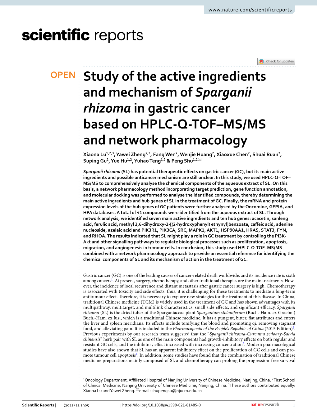 Study of the Active Ingredients and Mechanism of Sparganii Rhizoma In